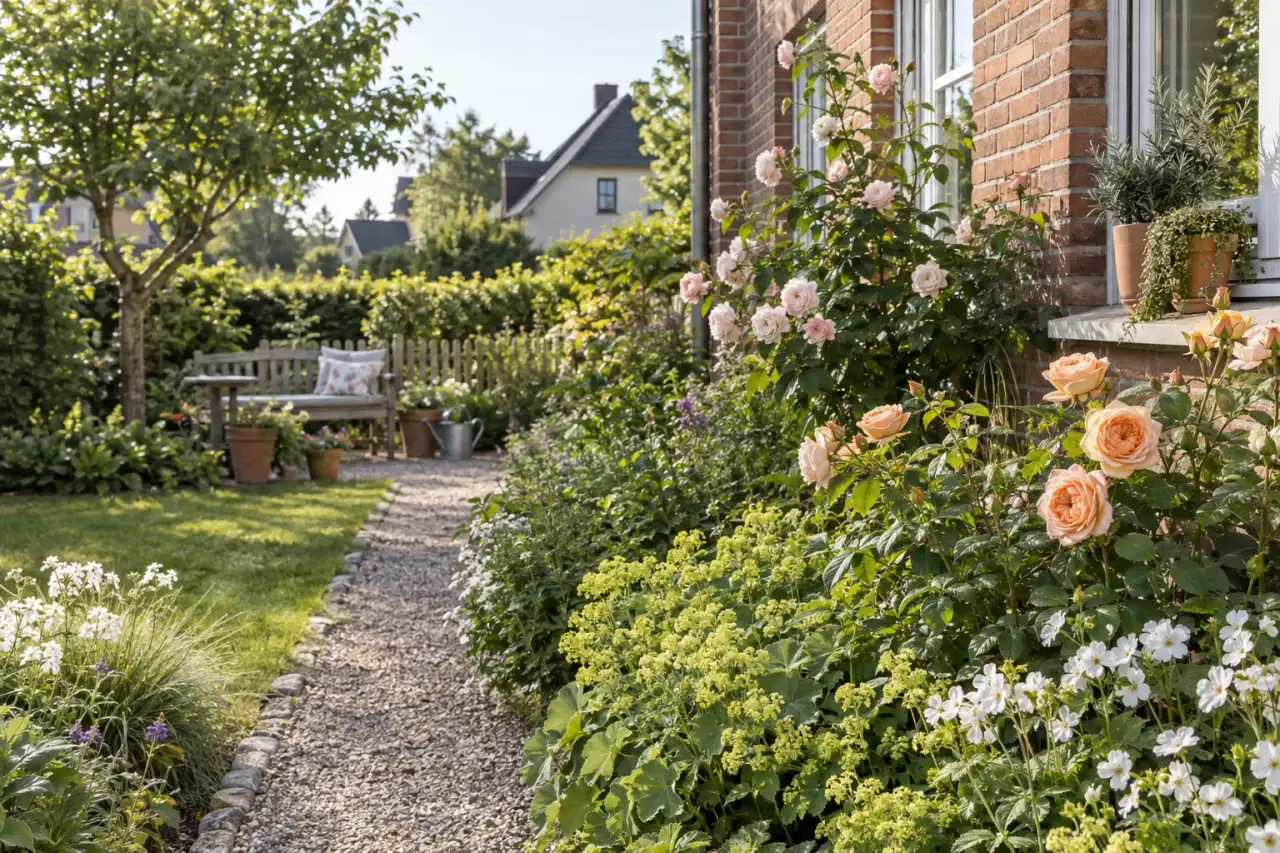 Harmonisches Rosenbeet an einem Gartenweg mit Rosen und Begleitstauden