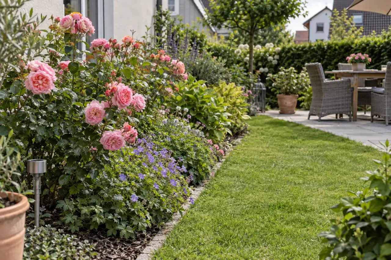 Freie Beetkante neben einem Rosenbeet