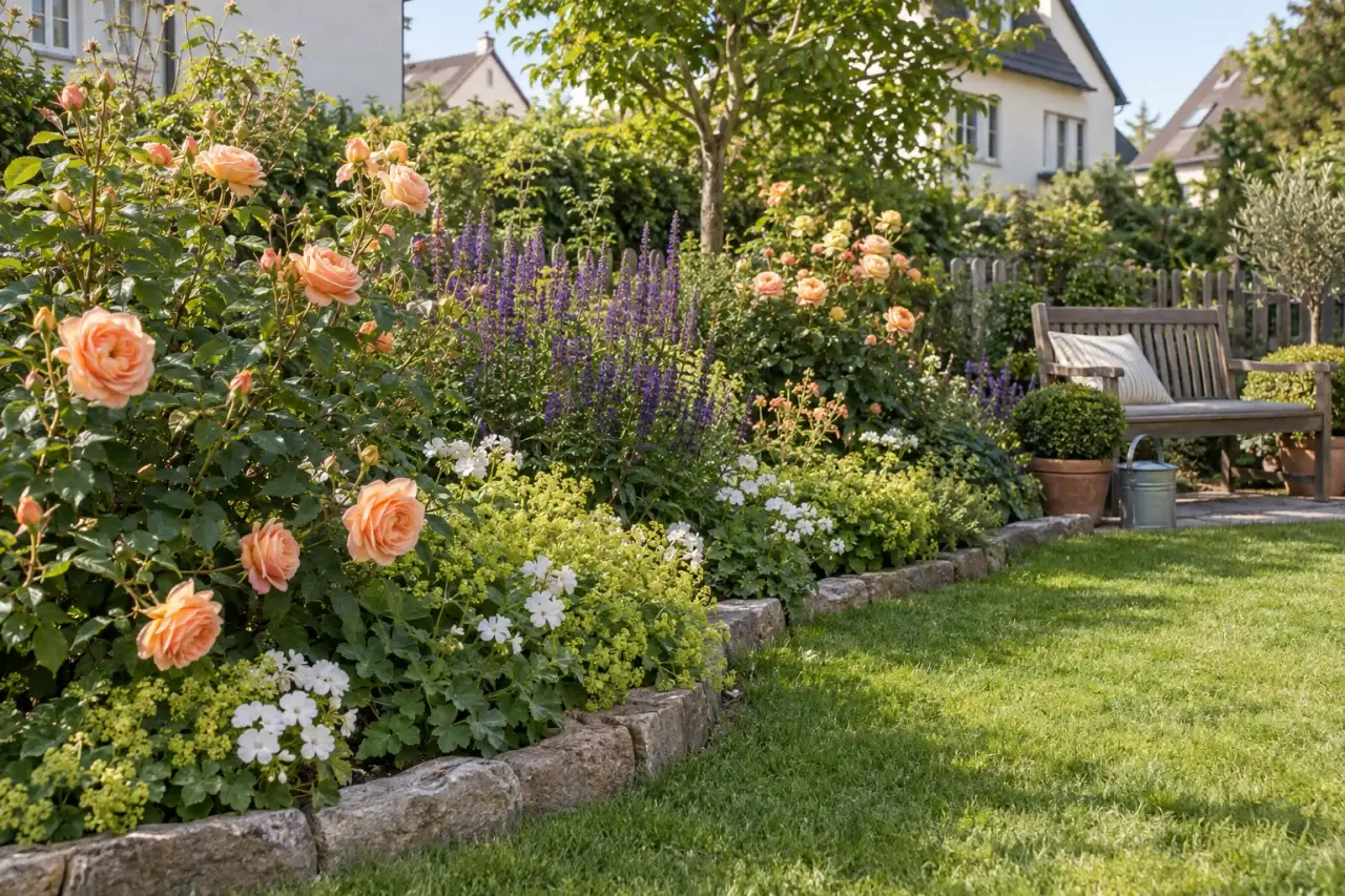 Gesamtszene mit Rosen, Stauden, Kante, Naturstein und Sitzplatz