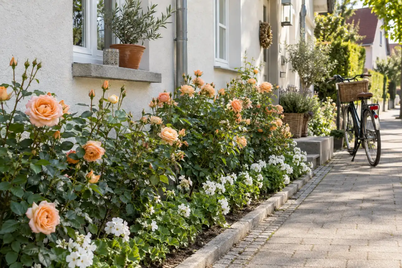Eigenes Auswahlfoto für ein schmales Rosenbeet am Haus