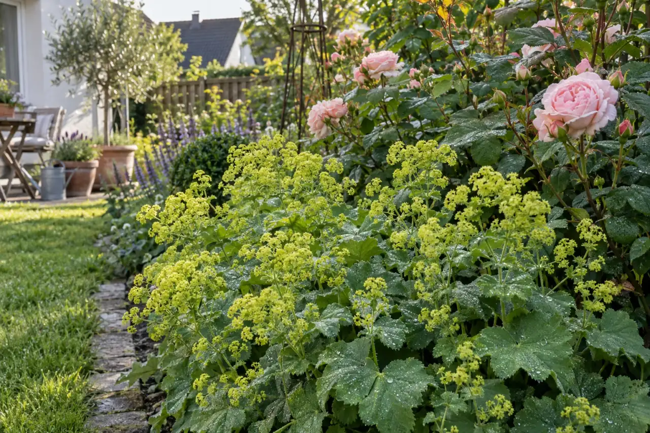 Frauenmantel mit grünlich-gelben Blüten am Beet
