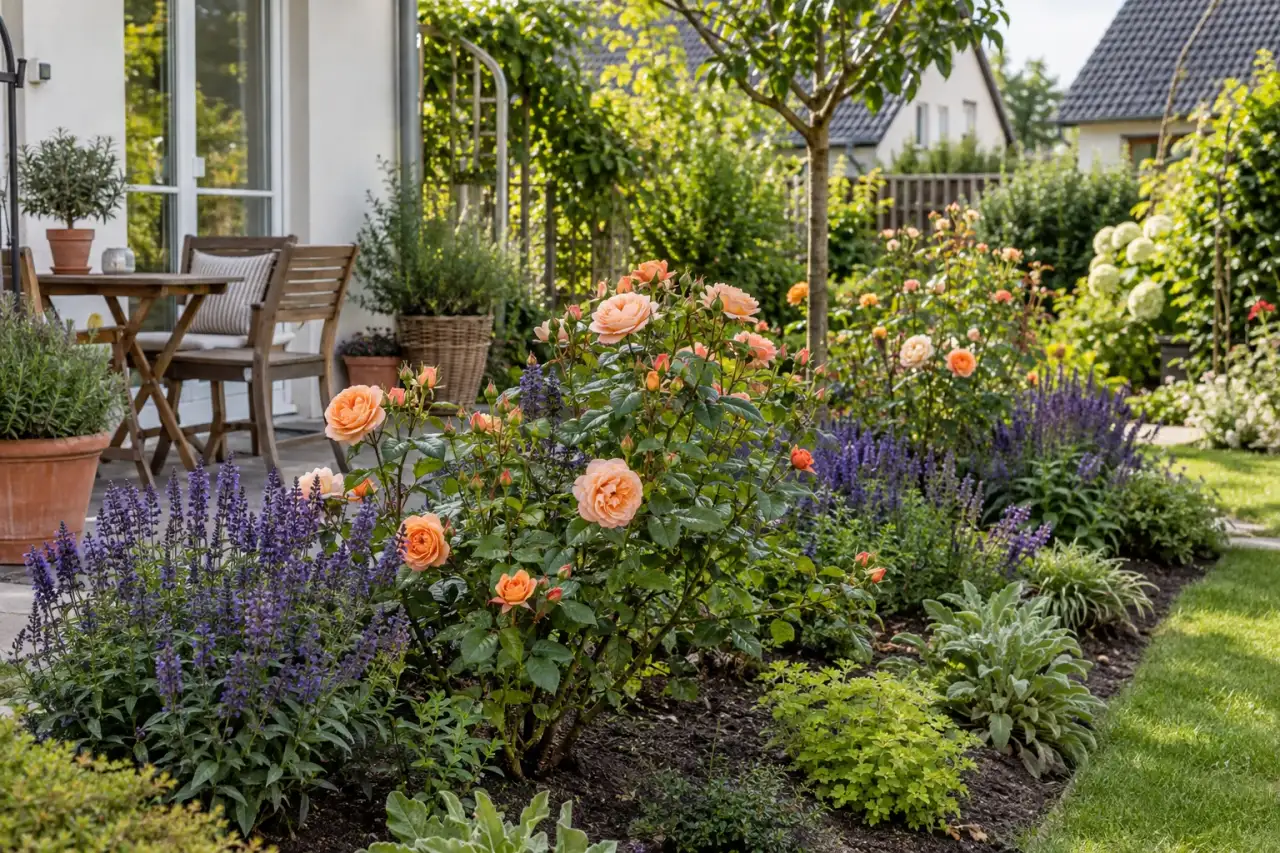 Luftige Rosenpflanzung mit sichtbarem offenem Boden