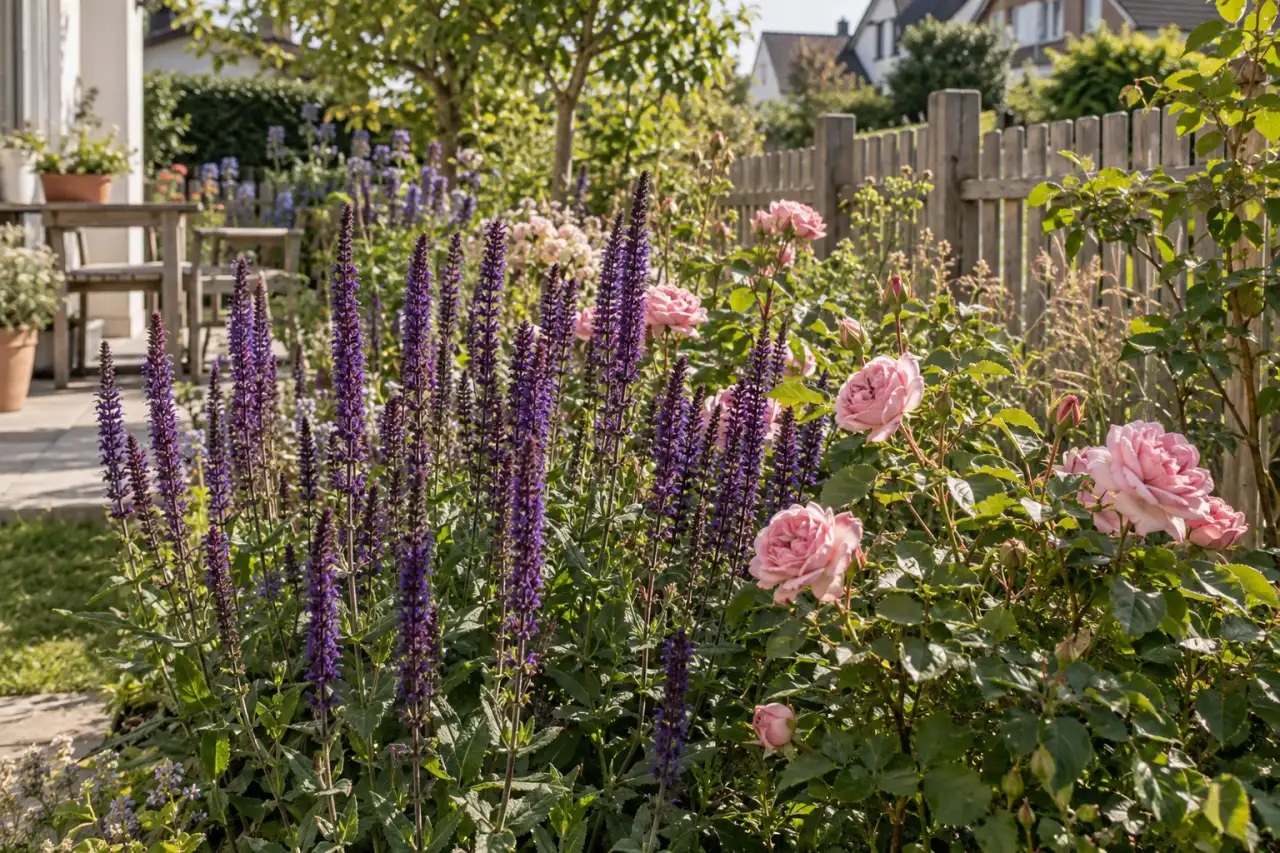 Dunkelvioletter Steppensalbei zwischen Rosen