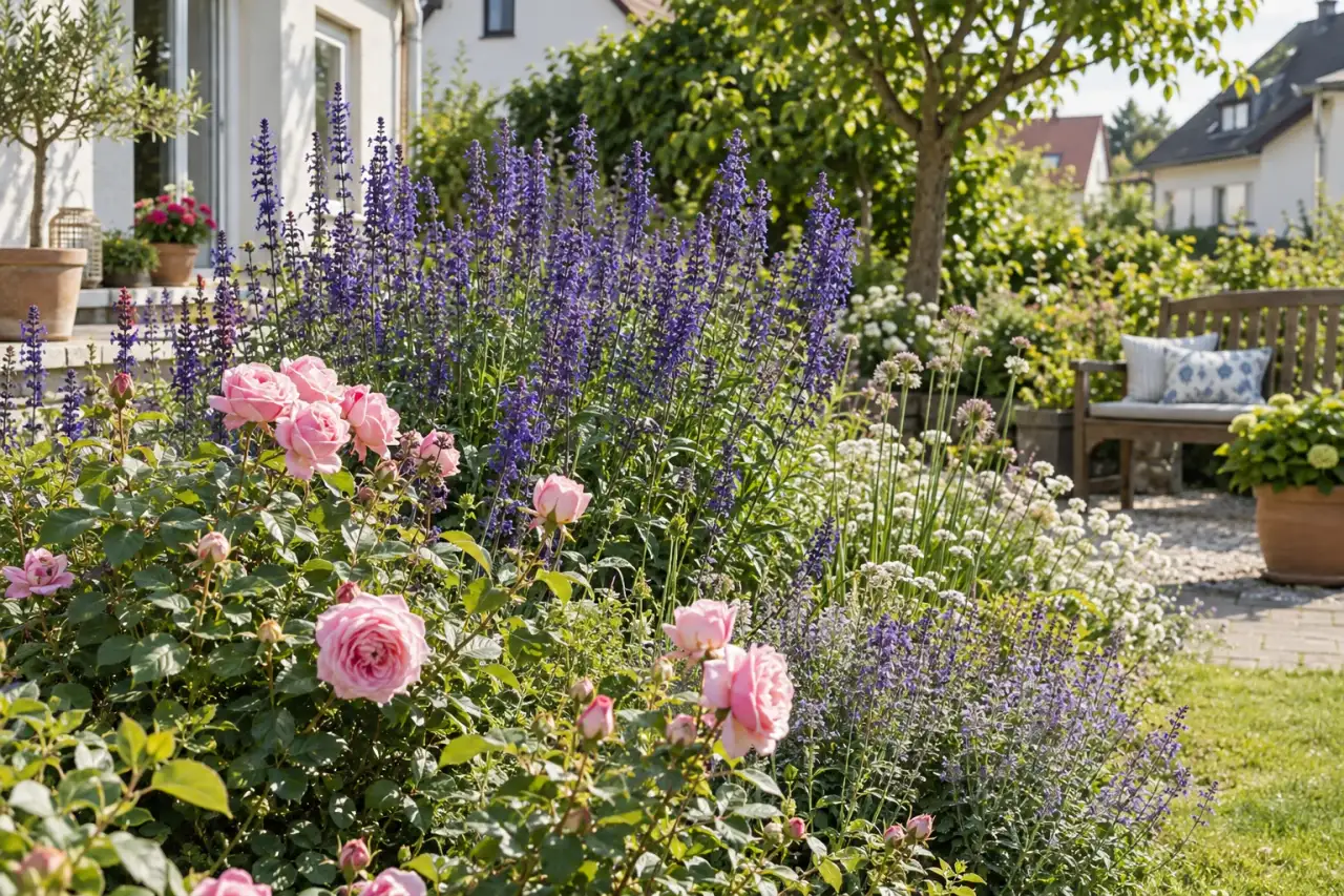 Hoher blauvioletter Salbei hinter Rosen