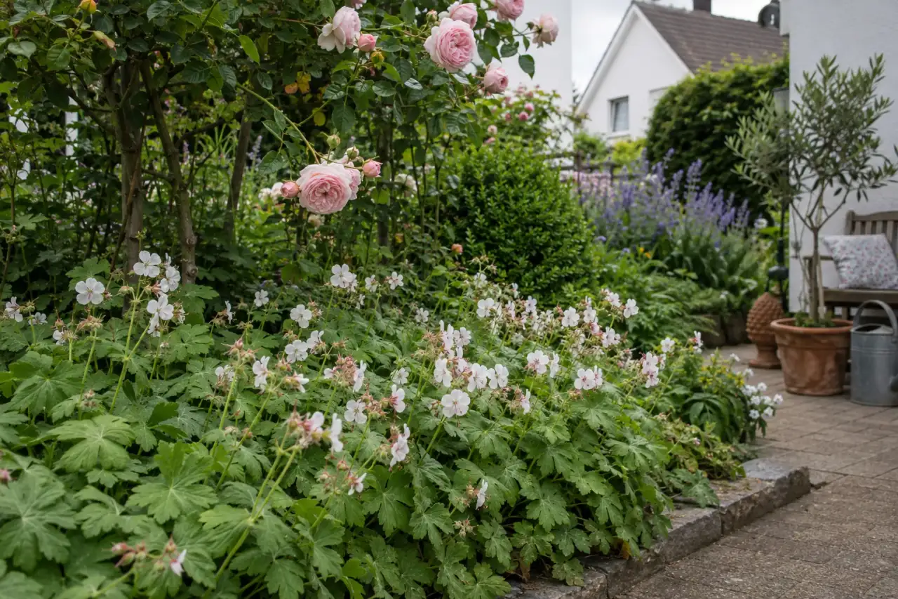 Weiß blühender Geranium als niedriger Rosensaum