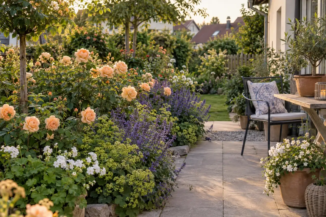 Stimmiges Rosenbeet mit klarer Staffelung am Abend