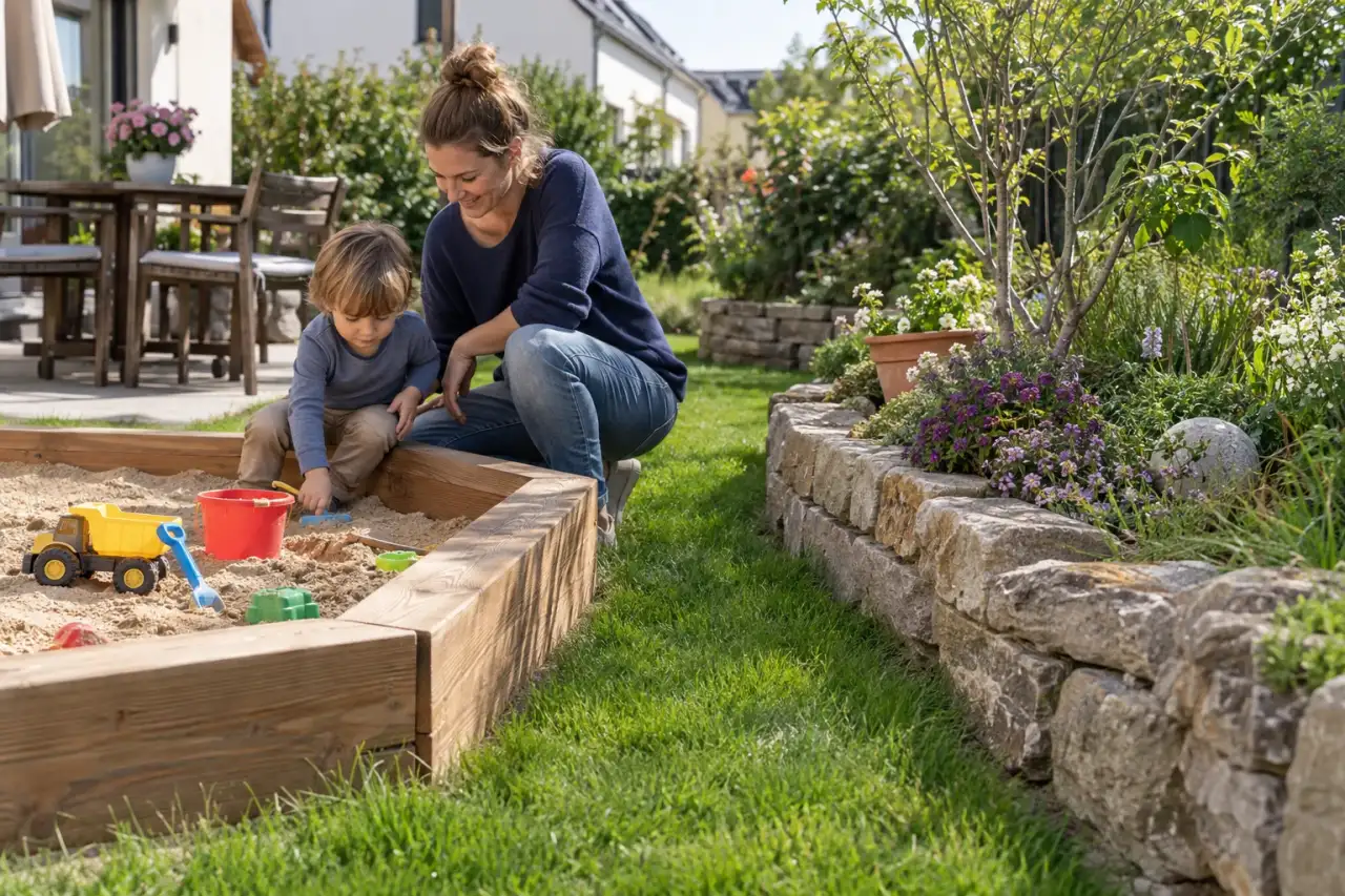 Holz- und Steineinfassung zeigen unterschiedliche Übergänge im Garten.