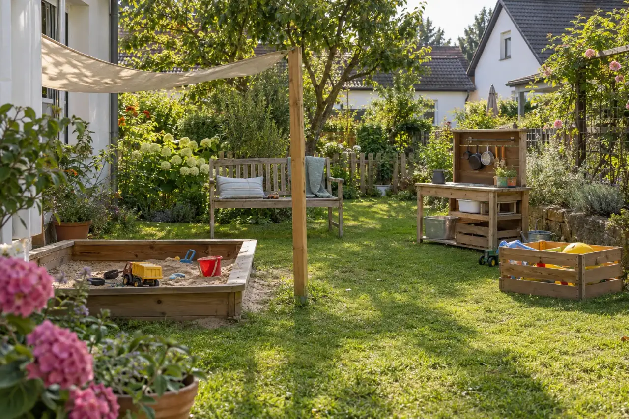 Überschaubare Spielecke mit Sandkasten, Bank, Matschküche und Stauraum.