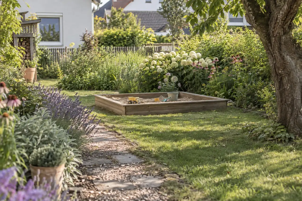 Sandkasten im gefilterten Licht eines Gartenbaums.