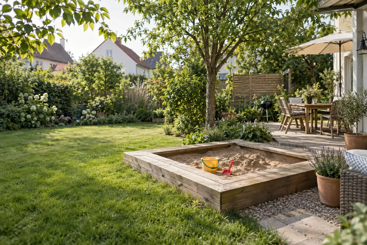 Kindgerechter Sandkasten mit Holzrand neben Rasen und Terrasse im Familiengarten.