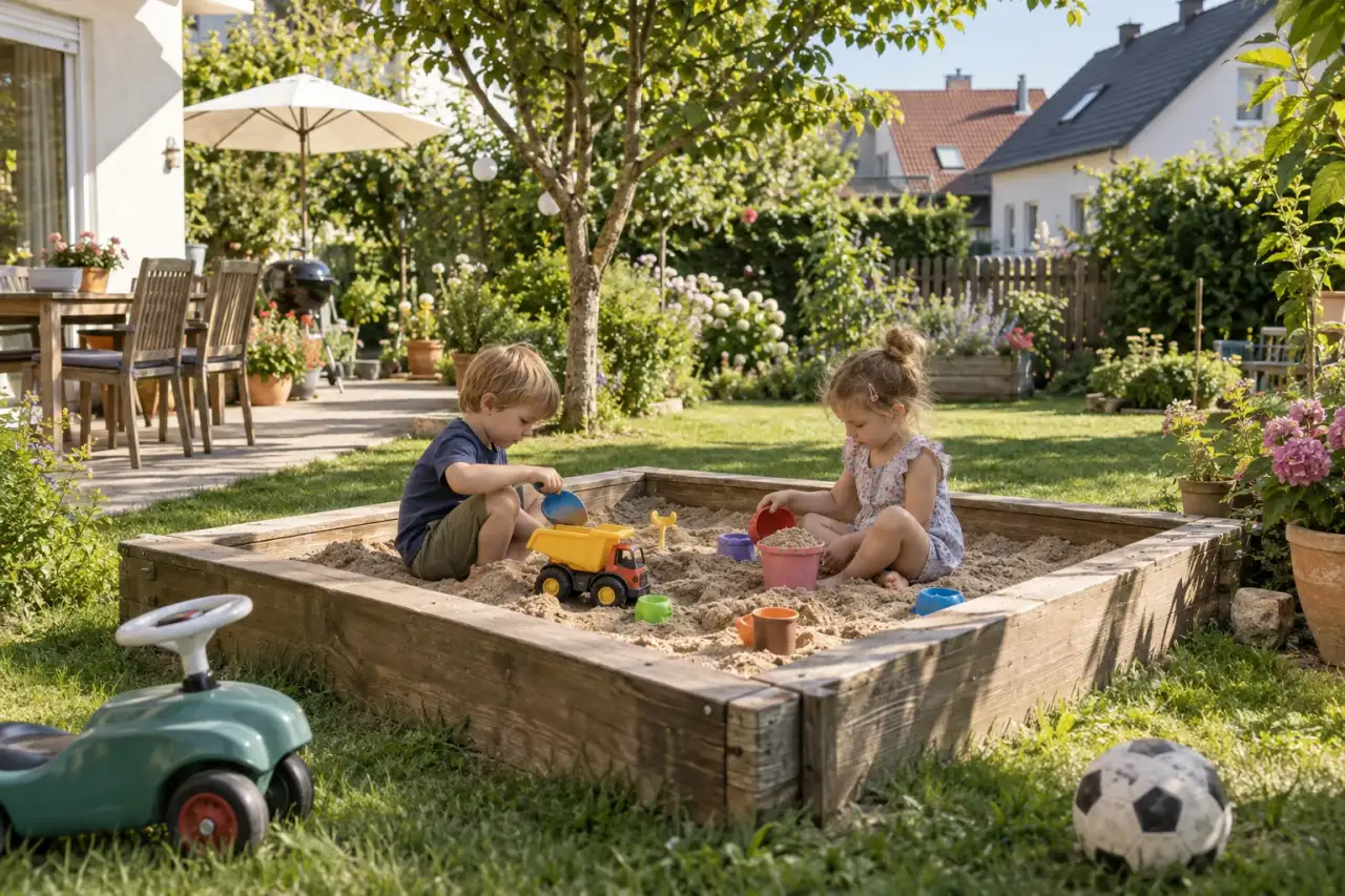 Offene Sandspielfläche als Mittelpunkt der Spielecke.