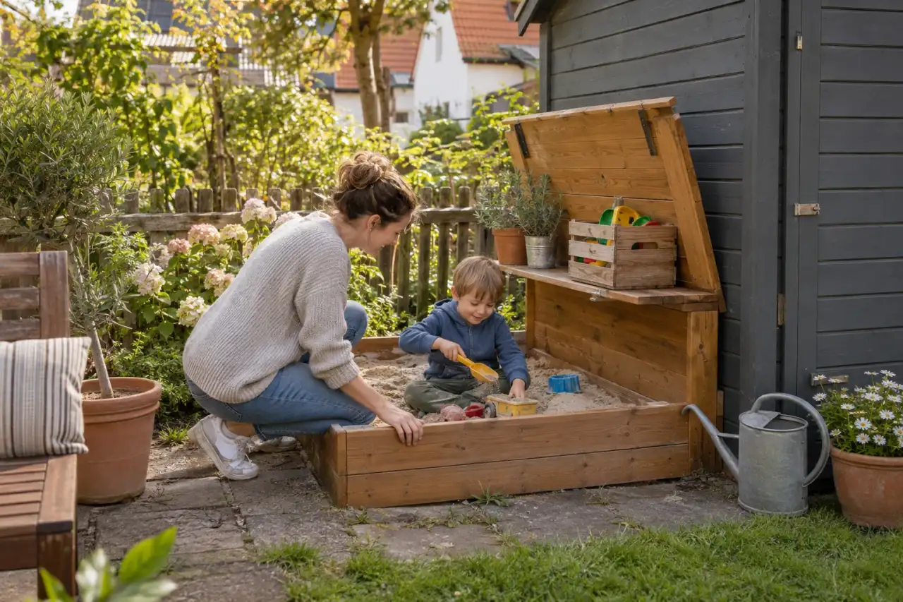 Individuelle DIY-Sandkastenecke in einer kleinen Gartennische.