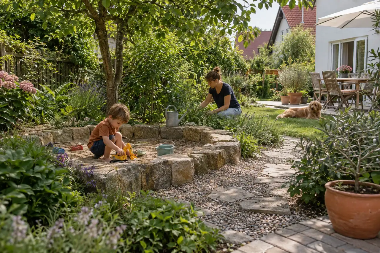Natürlich integrierter runder Sandkasten am Gartenweg.