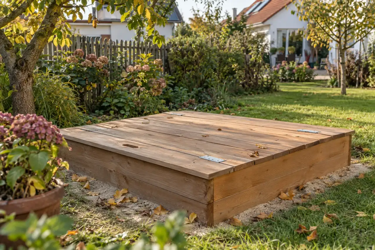 Geschlossene Holzabdeckung auf einem Sandkasten im Garten.