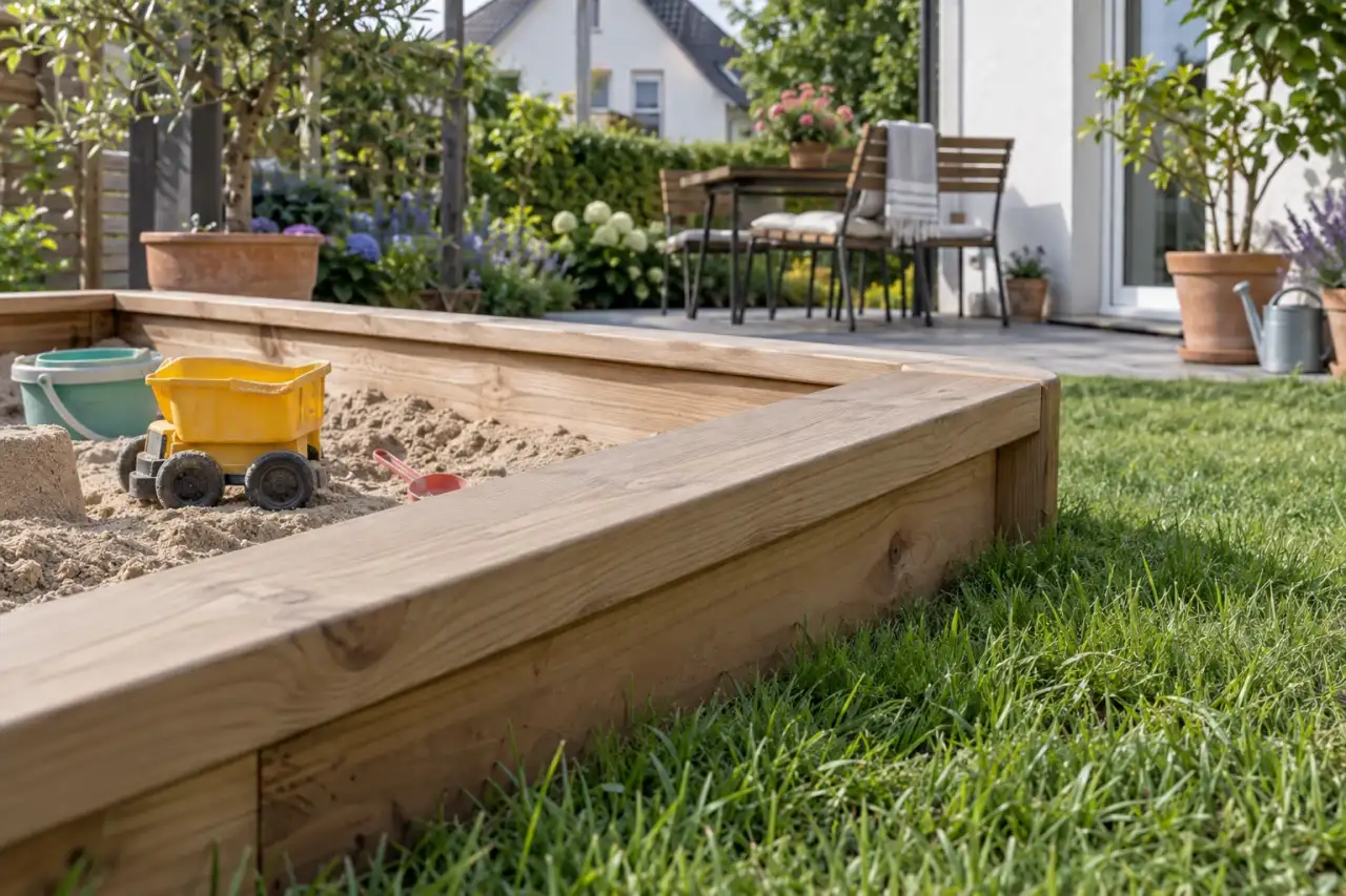 Glatter Holzrand an einer Sandkasteneinfassung.