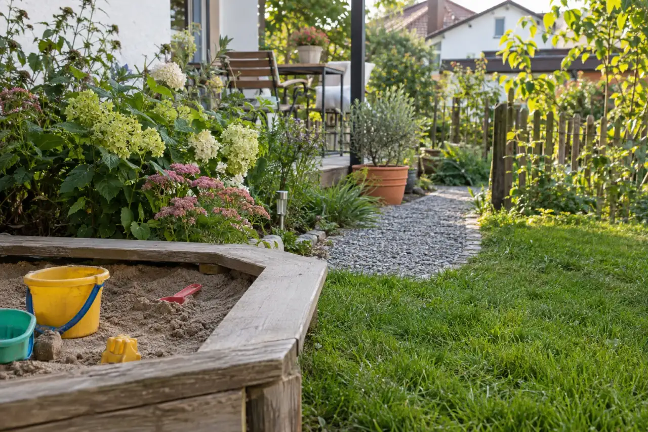 Sandkasten zwischen Rasen, Kiesweg und lockerem Grün.