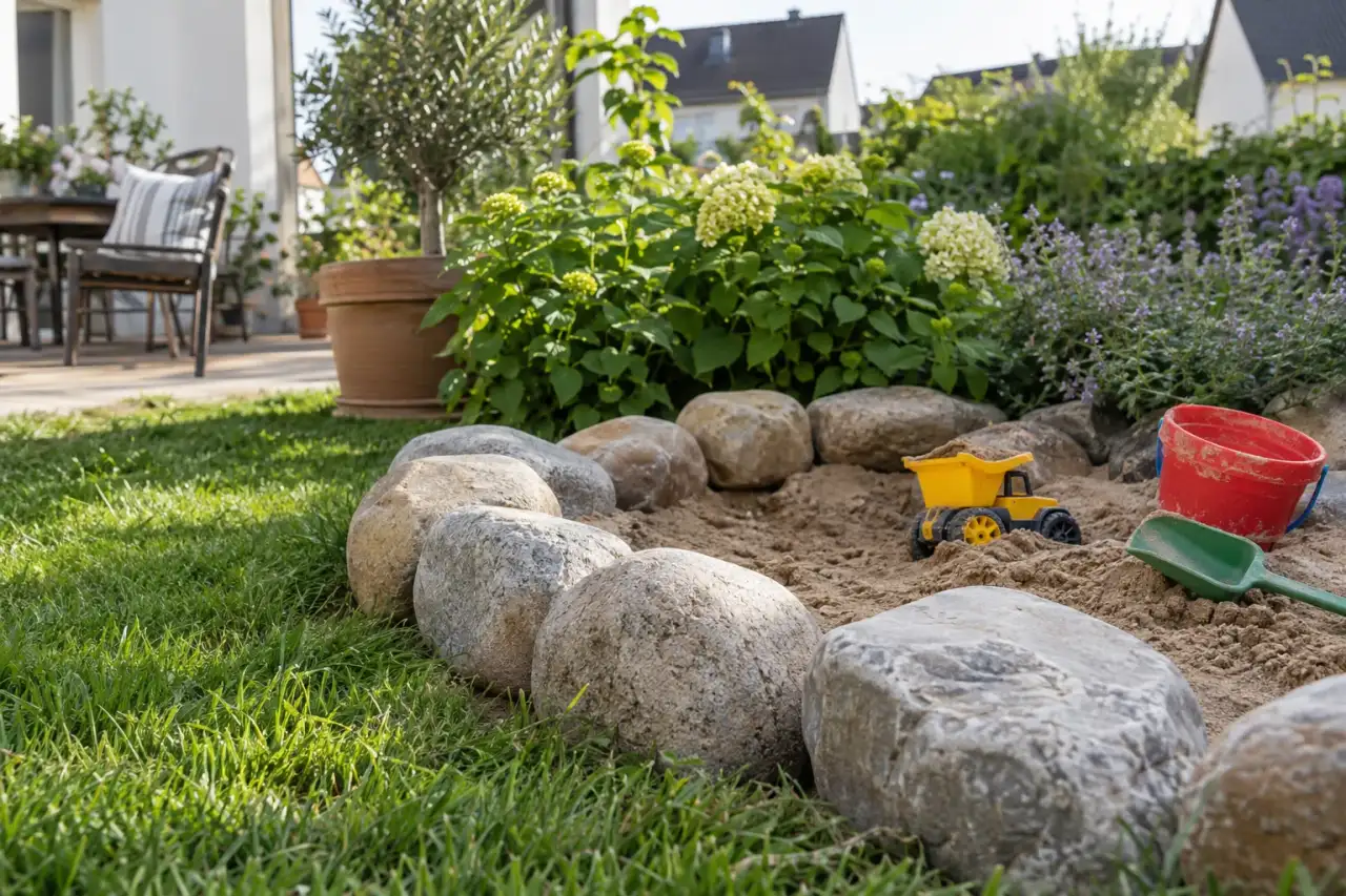 Niedriger Natursteinring um eine Sandspielfläche.