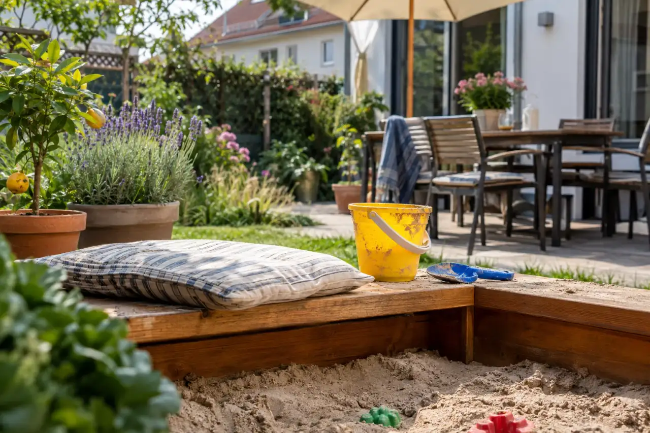 Breites Sitzbrett an einem Sandkasten mit Spielzeug.