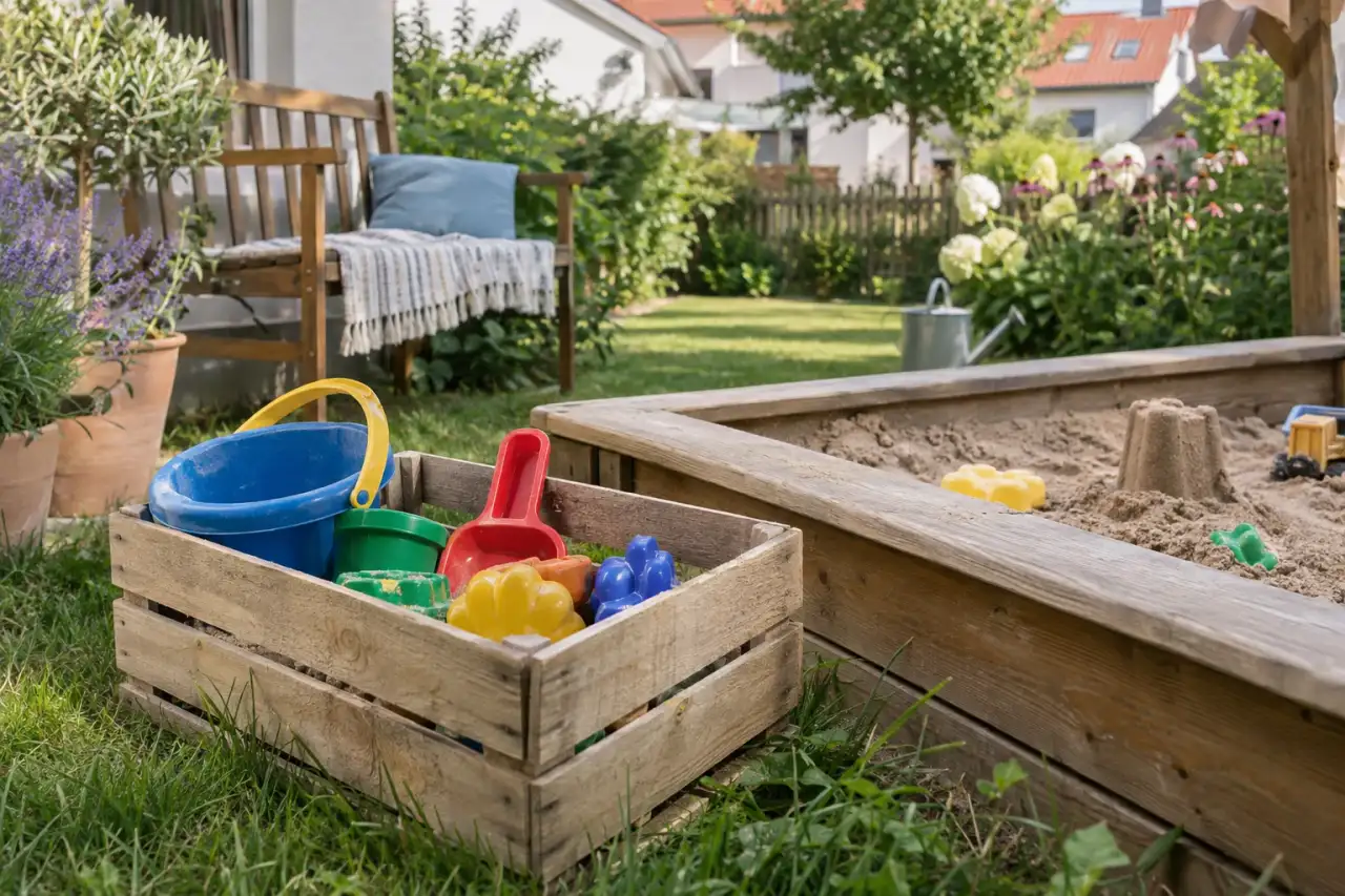 Holzkiste mit Sandspielzeug neben der Spielecke.