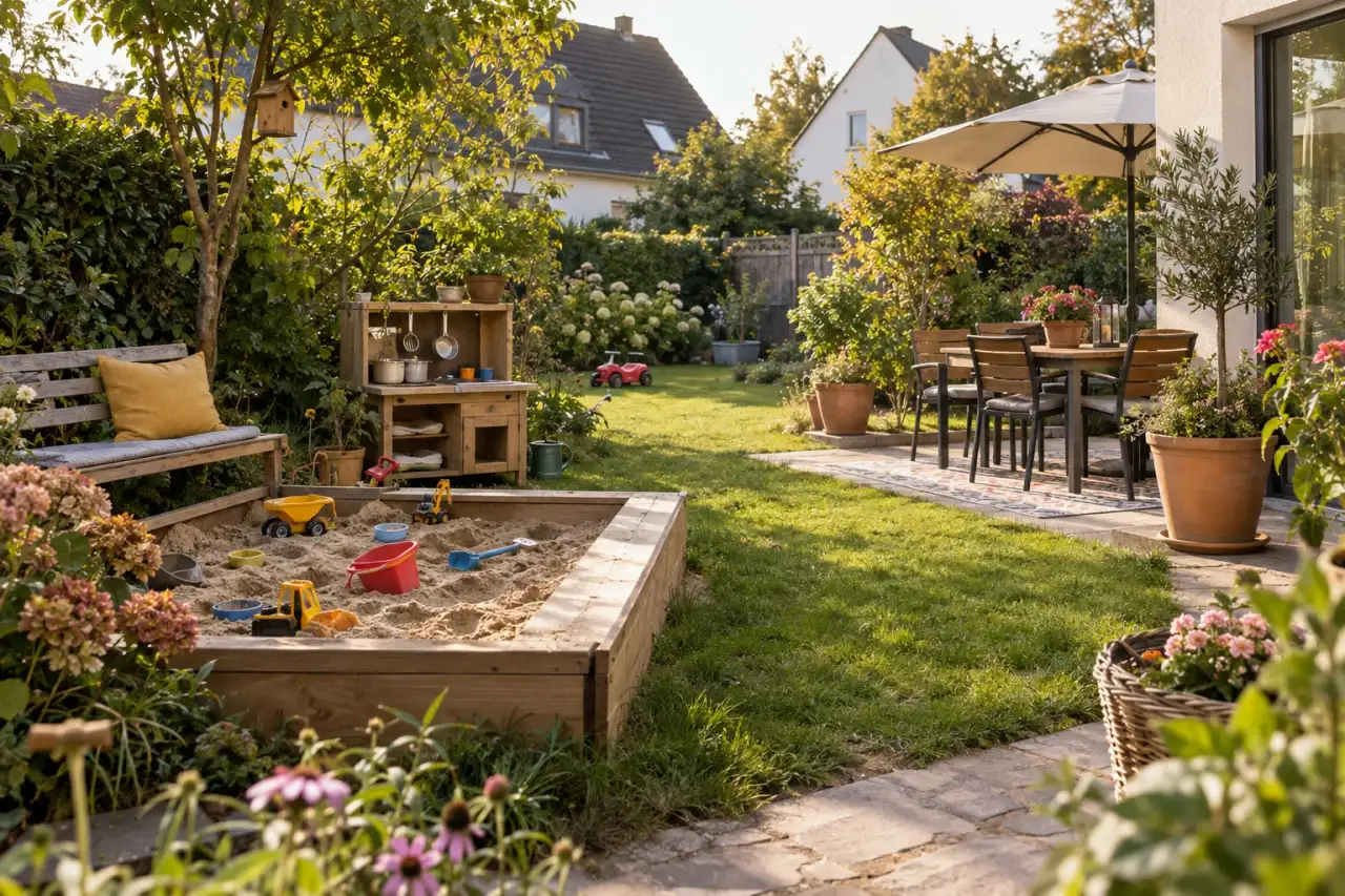 Einladende Sandkastenecke mit Sitzbank, Stauraum und Gartenbezug.