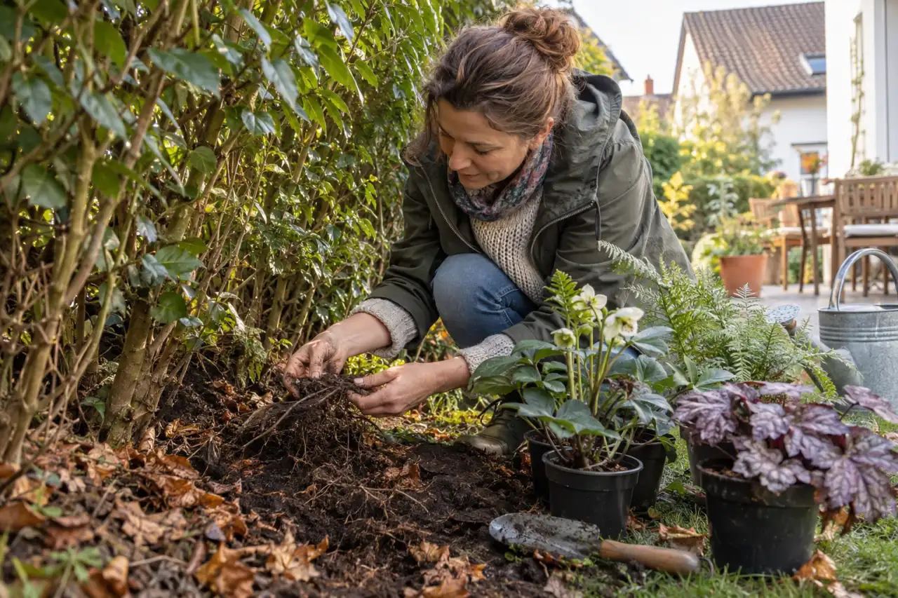 Schattiger Boden unter einer Hecke wird aufmerksam betrachtet.