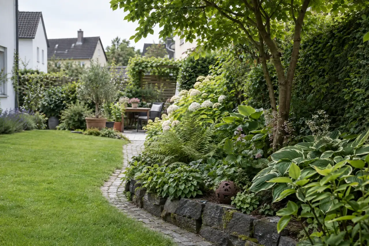 Gestaltetes Schattenbeet vor einer Hecke mit ruhiger Einfassung und üppigem Blattwerk.