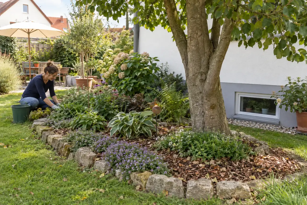 Eine reale Gartenszene zeigt Einfassung, Bodendecke, Baum, Kellerfenster, Höhenstaffelung und Laubauflage.