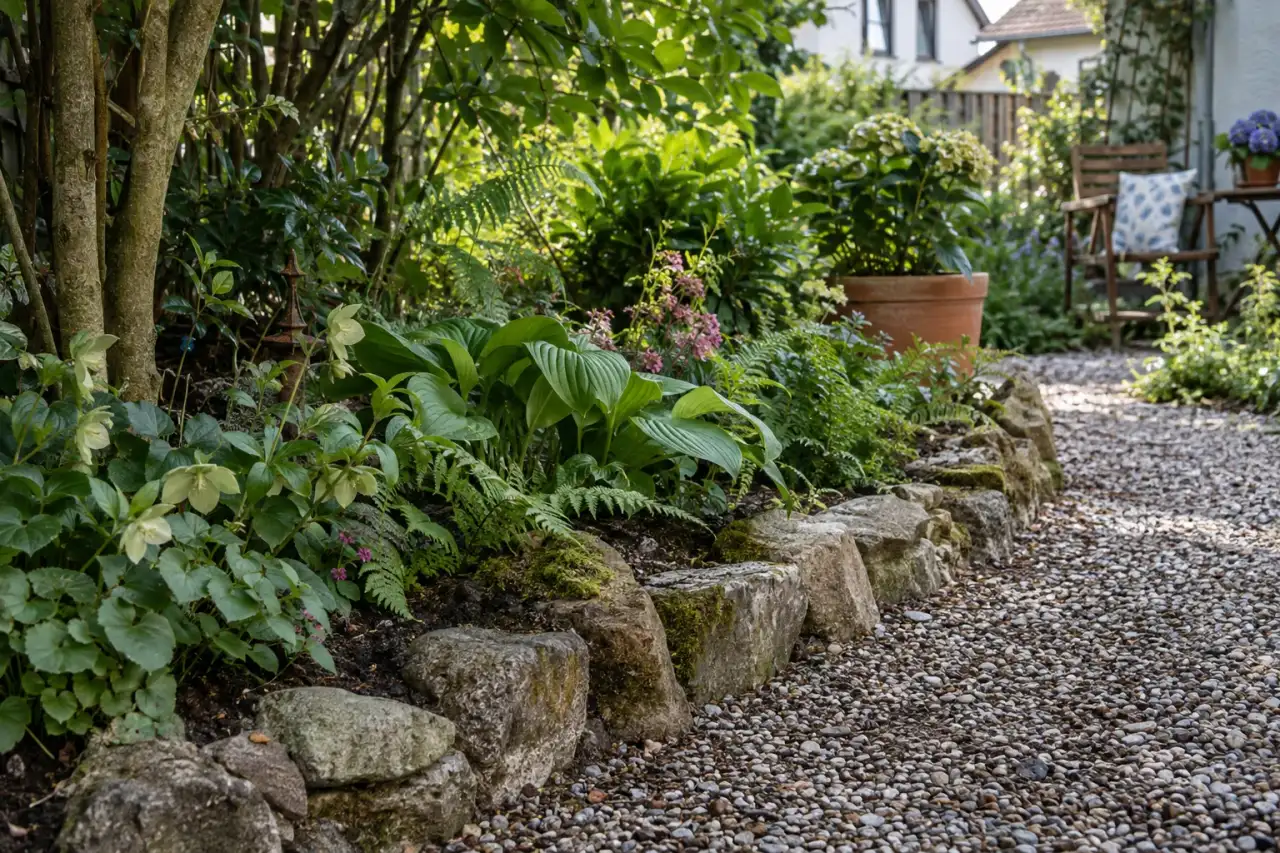 Schlichte Einfassung trennt Schattenbeet und Gartenweg.