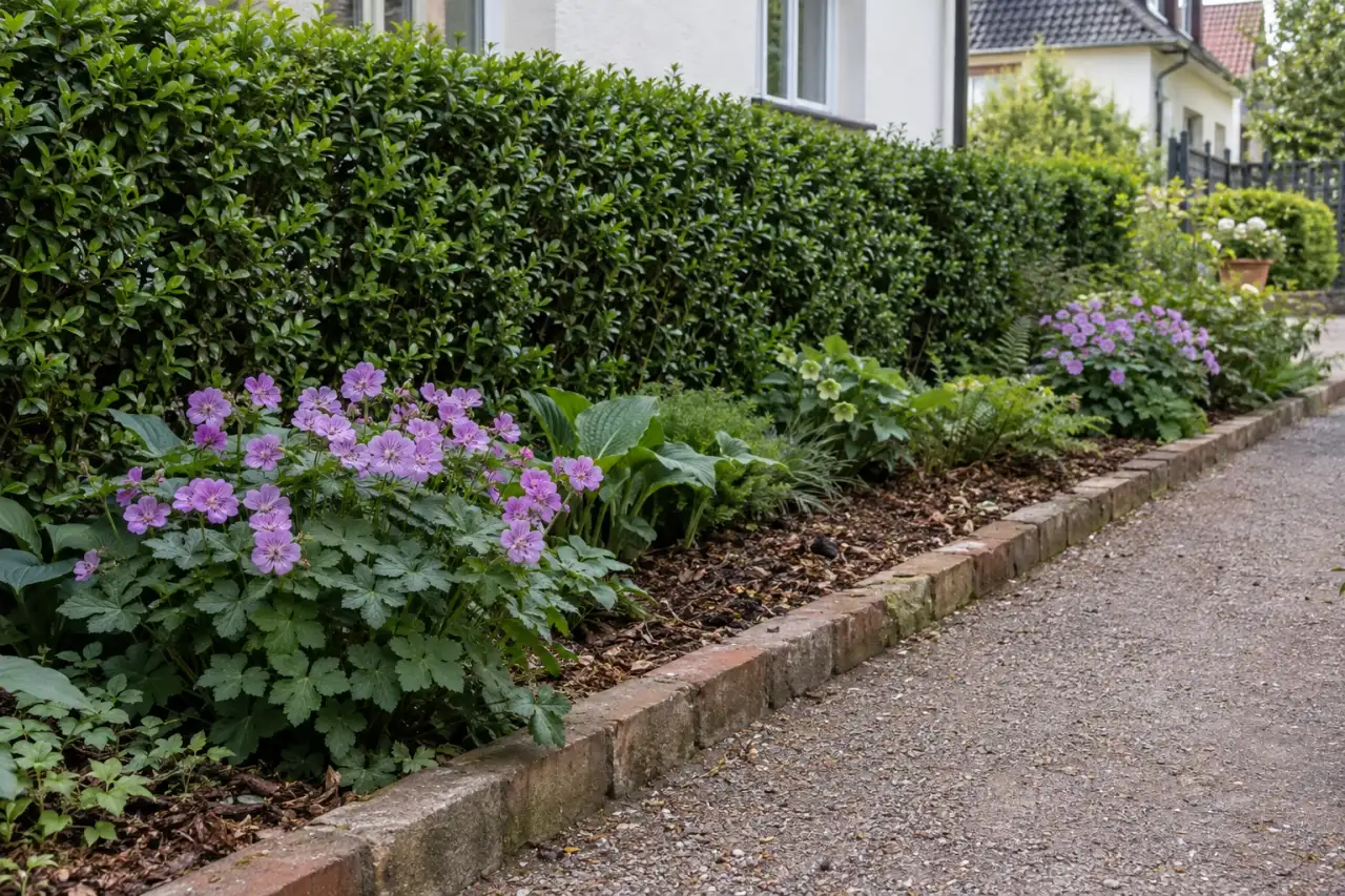 Auswahlfoto für einen ruhigen Heckenrand mit zwei Geranium-Sorten.