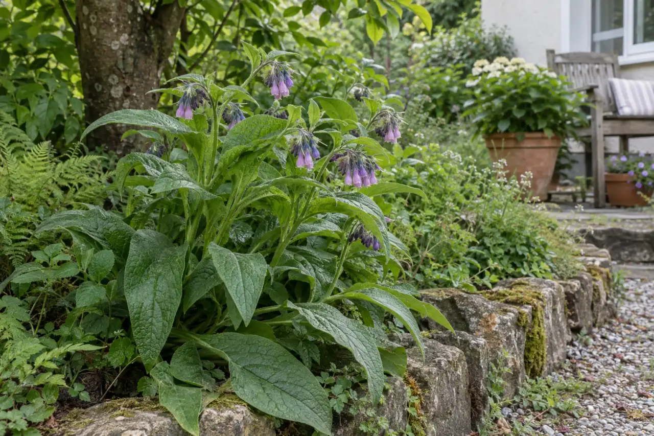 Kleiner Kaukasus-Beinwell in einer feuchten, schattigen Gartenecke.
