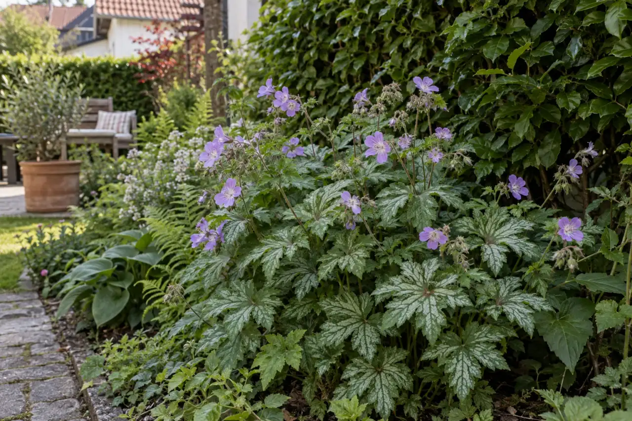 Geranium nodosum ‘Silverwood’ zwischen Hecke und Schattenstauden.