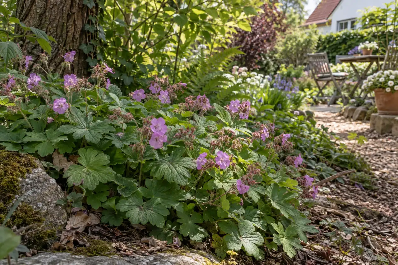 Geranium macrorrhizum ‘Spessart’ am trockenen Gehölzrand.