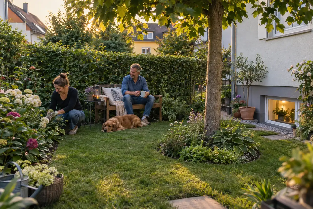 Zusammenhängender Garten mit Schattenbeet, Baumumrandung und begrüntem Kellerfenster.