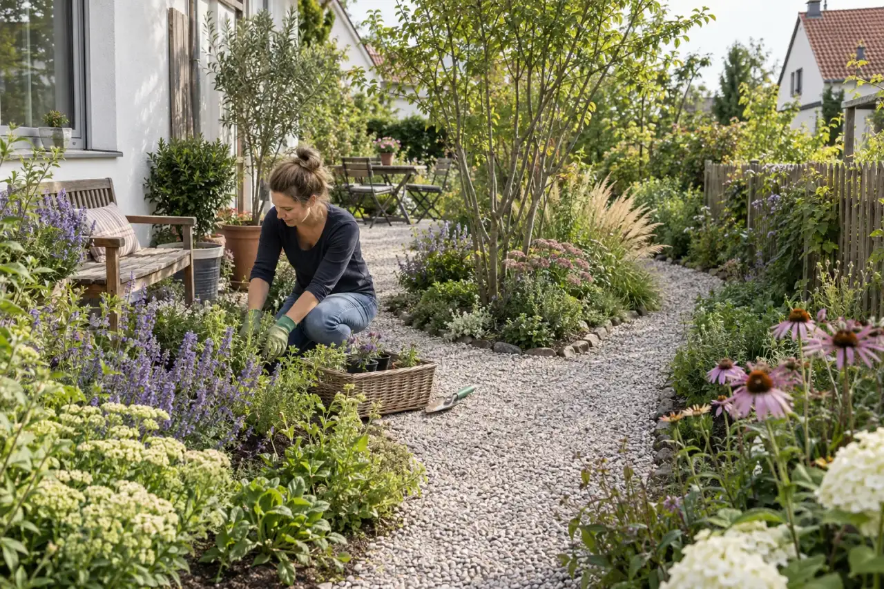 Wiederholte Stauden-Gruppen begleiten einen versetzten Weg durch den Garten.