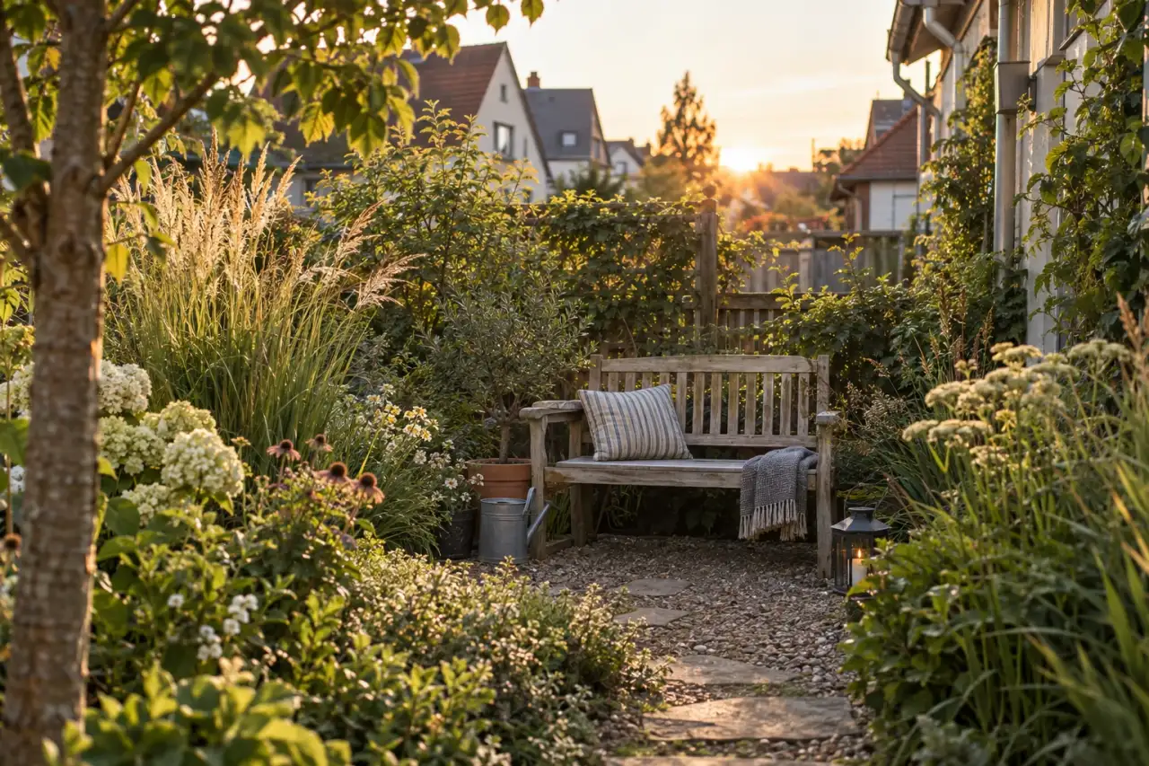 Holzbank zwischen Gräsern bildet einen ruhigen Rückzugsort am Gartenende.