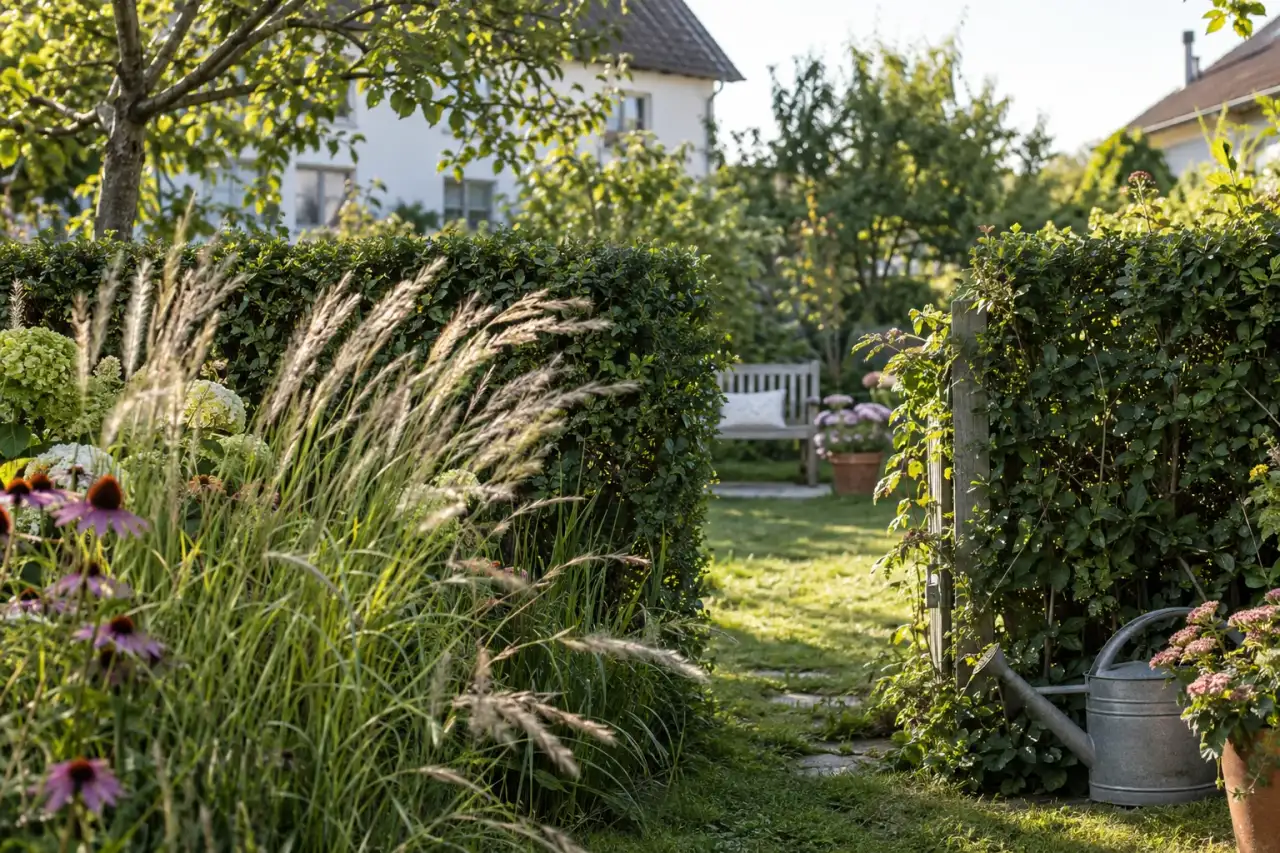 Gräser und eine niedrige Querhecke rahmen einen Durchblick zur Bank.