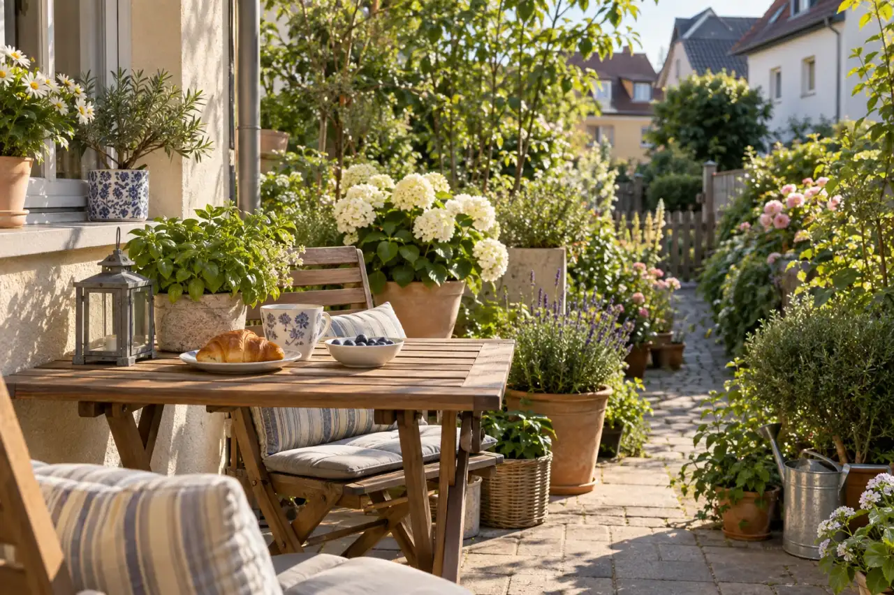 Kleiner Holztisch mit Kräutern an einer schmalen Gartenterrasse.