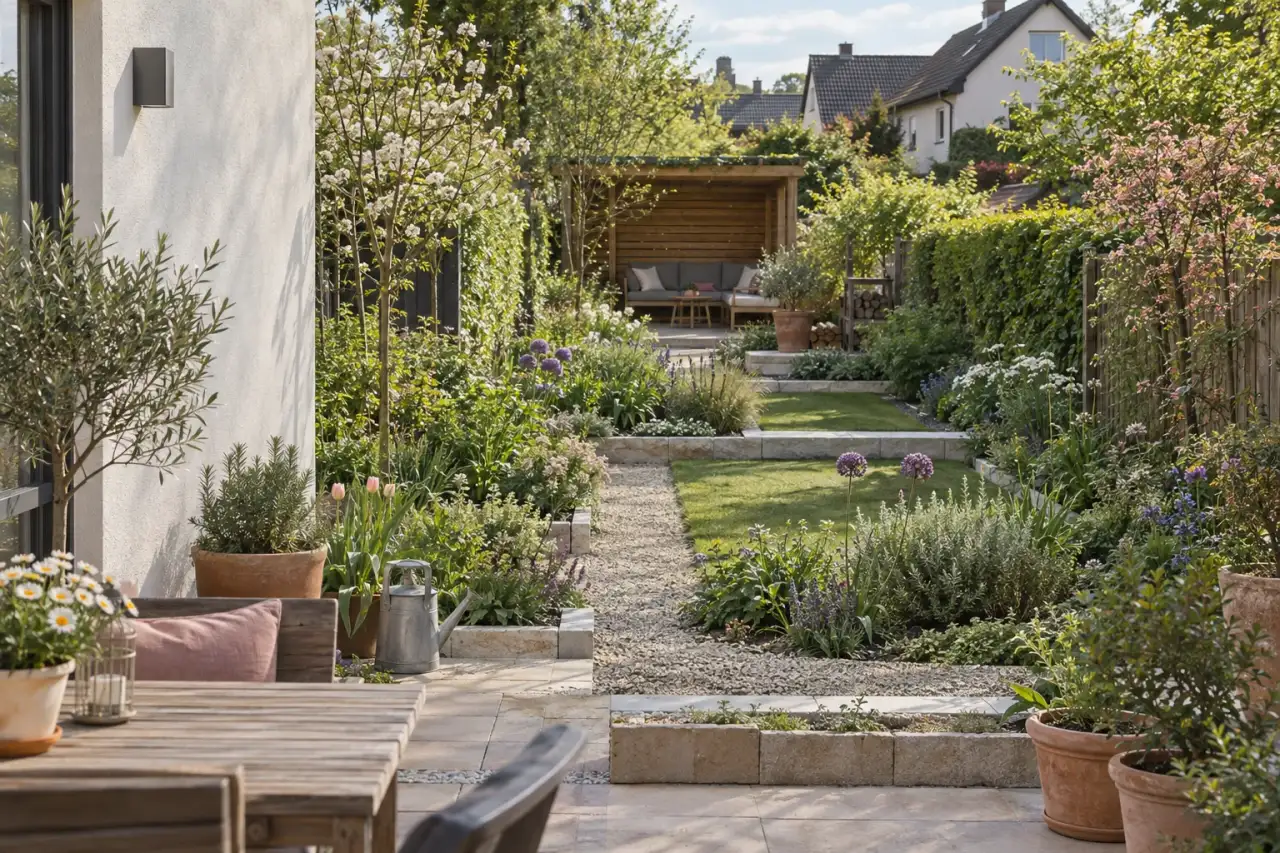 Langer Reihenhausgarten mit Querzonen, versetztem Weg und Sitzplatz am Ende.