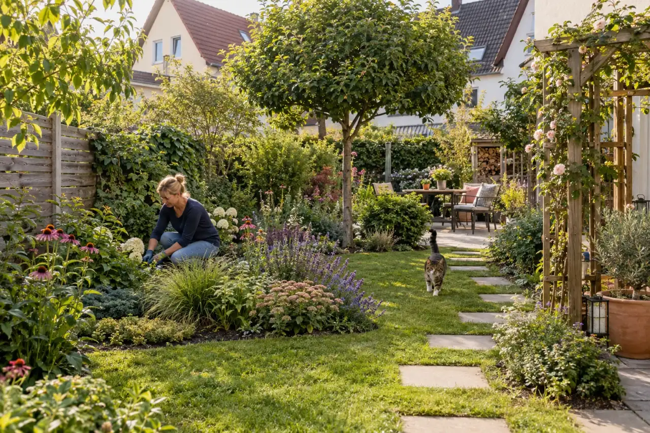 Eine zusammenhängende Gartenszene zeigt Querbeet, Weg, Blickziel, Raumteiler, Pflanzgruppen und Sitzplatz.