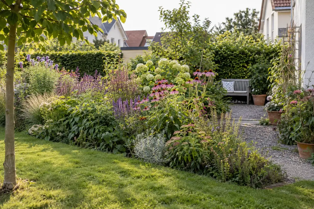 Querbeet teilt einen langen Garten in zwei sichtbare Räume.