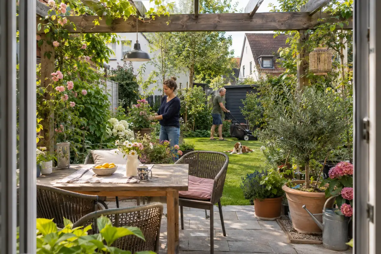 Querzone mit Pergola trennt Frühstücksplatz und kleine Rasenfläche.