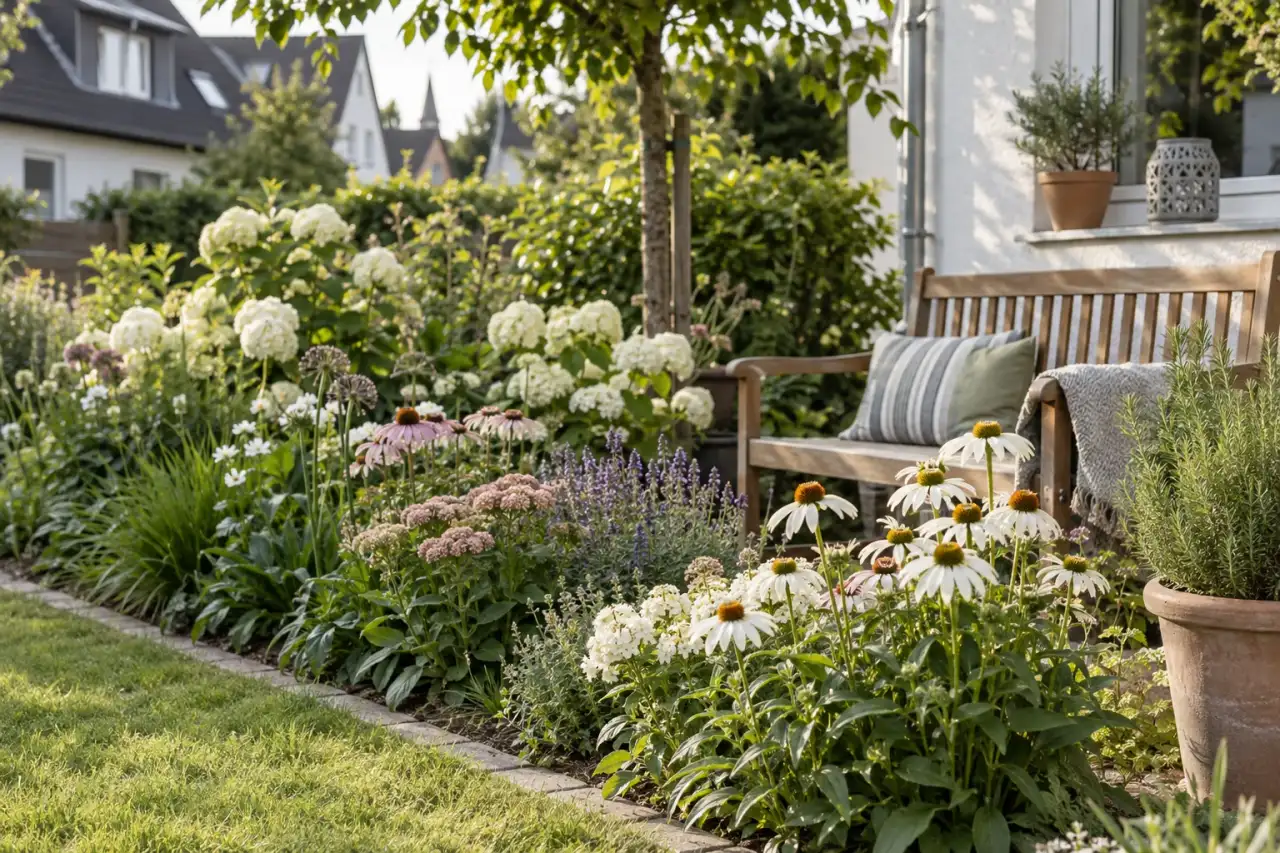 Helle Blütenstauden stehen in wiederholten Gruppen am Gartenrand.