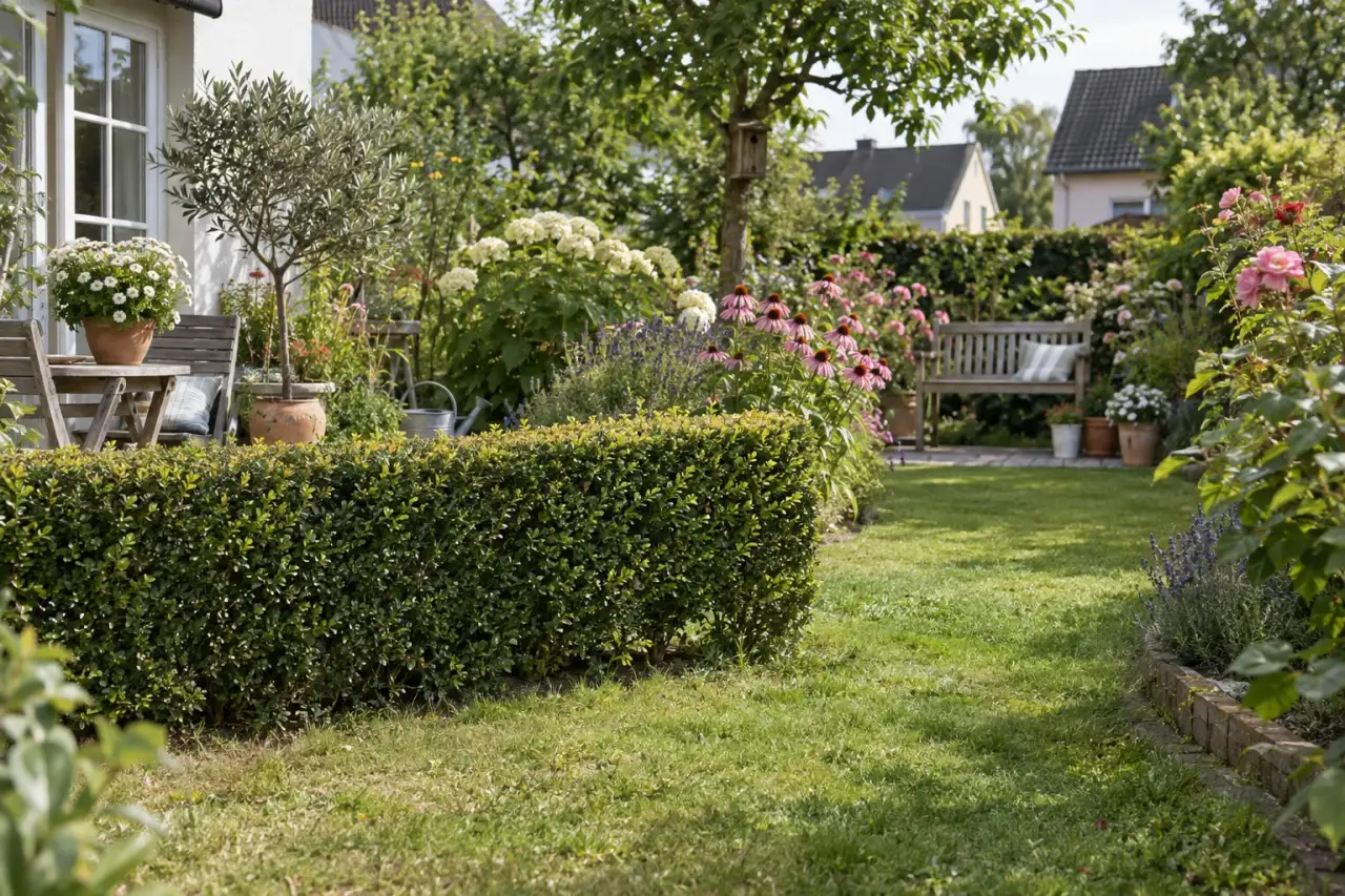 Kurzes Heckenstück trennt einen Gartenraum und lässt einen Durchblick offen.