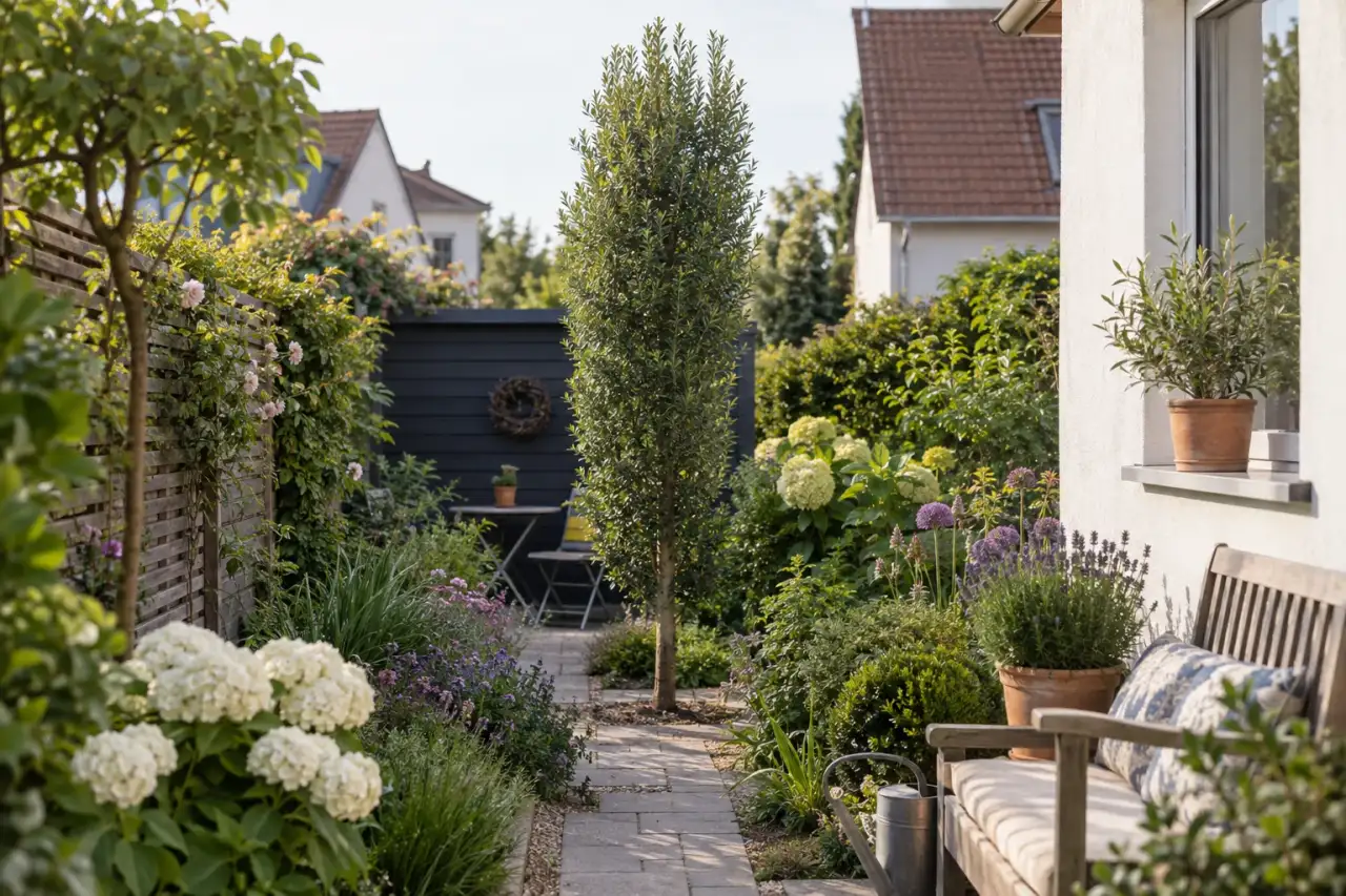Schmales säulenförmiges Gehölz steht als Blickpunkt am Gartenende.