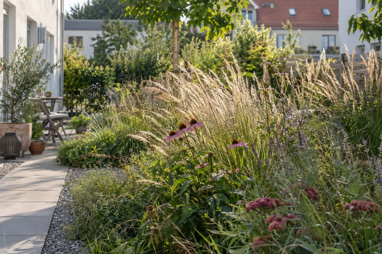 Luftige Ziergräser begleiten einen schmalen Gartenweg.