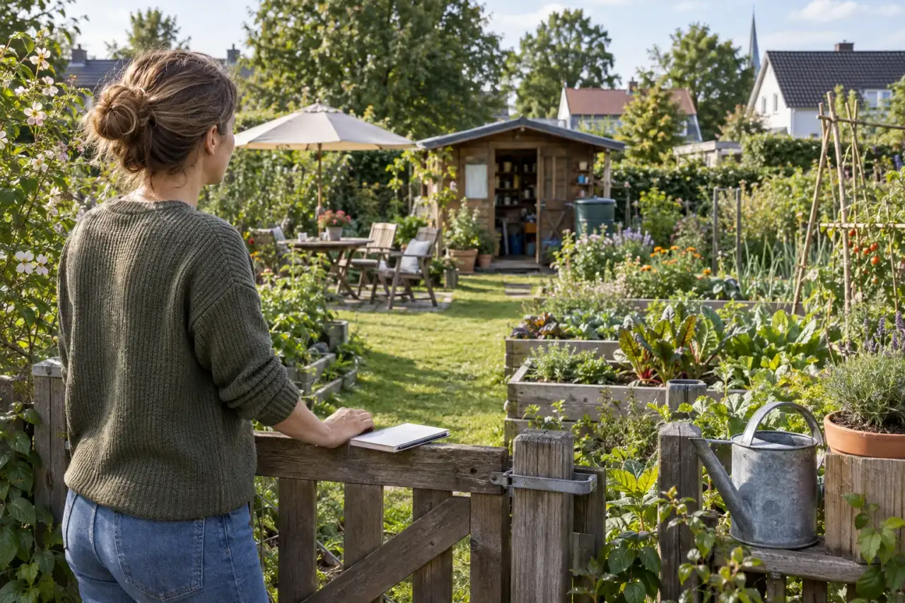 Blick vom Eingang auf Laube, Sitzplatz und Nutzgarten.