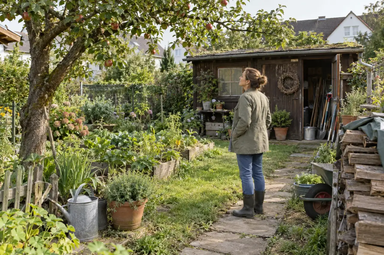Bestehende Laube, Obstbaum und nutzbare Materialien im Garten.
