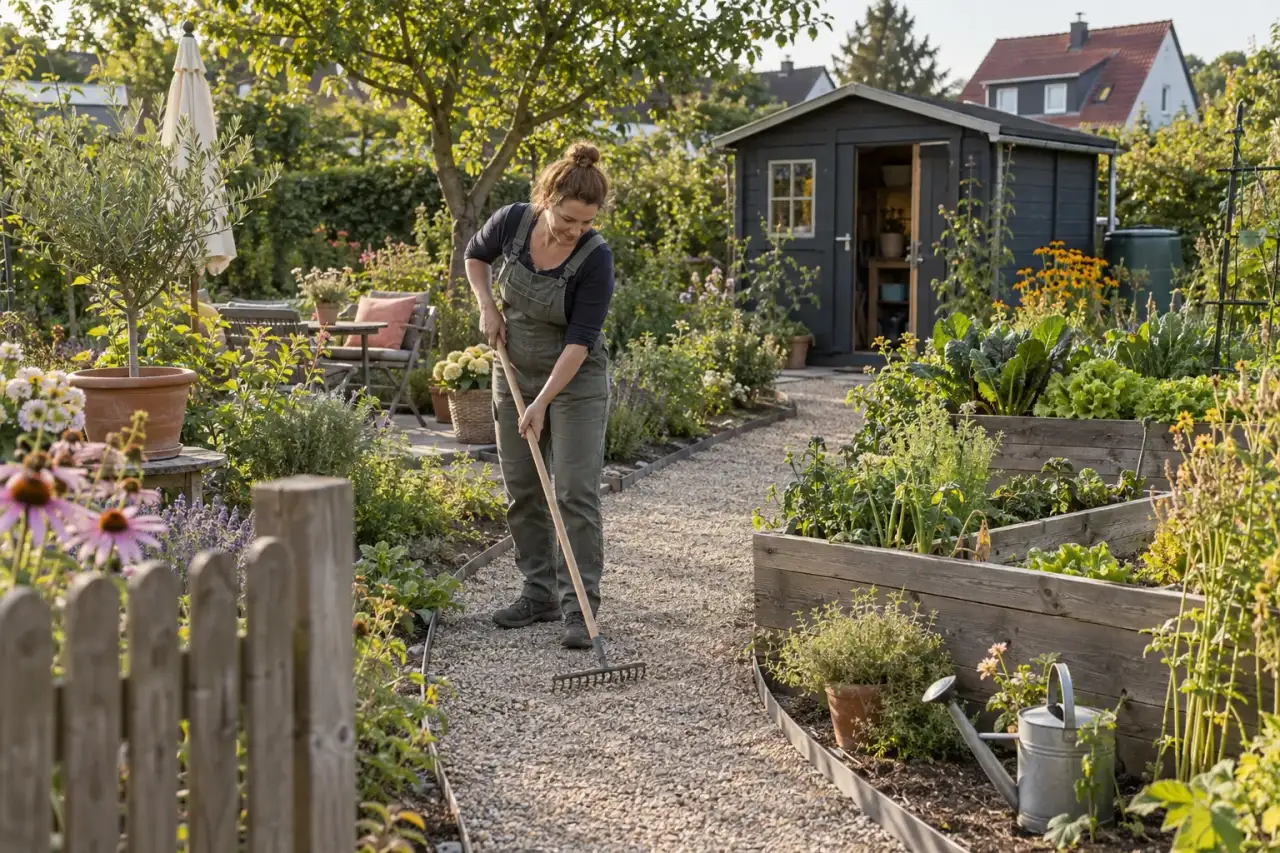 Ein klarer Gartenweg verbindet Beete, Laube und Sitzplatz.