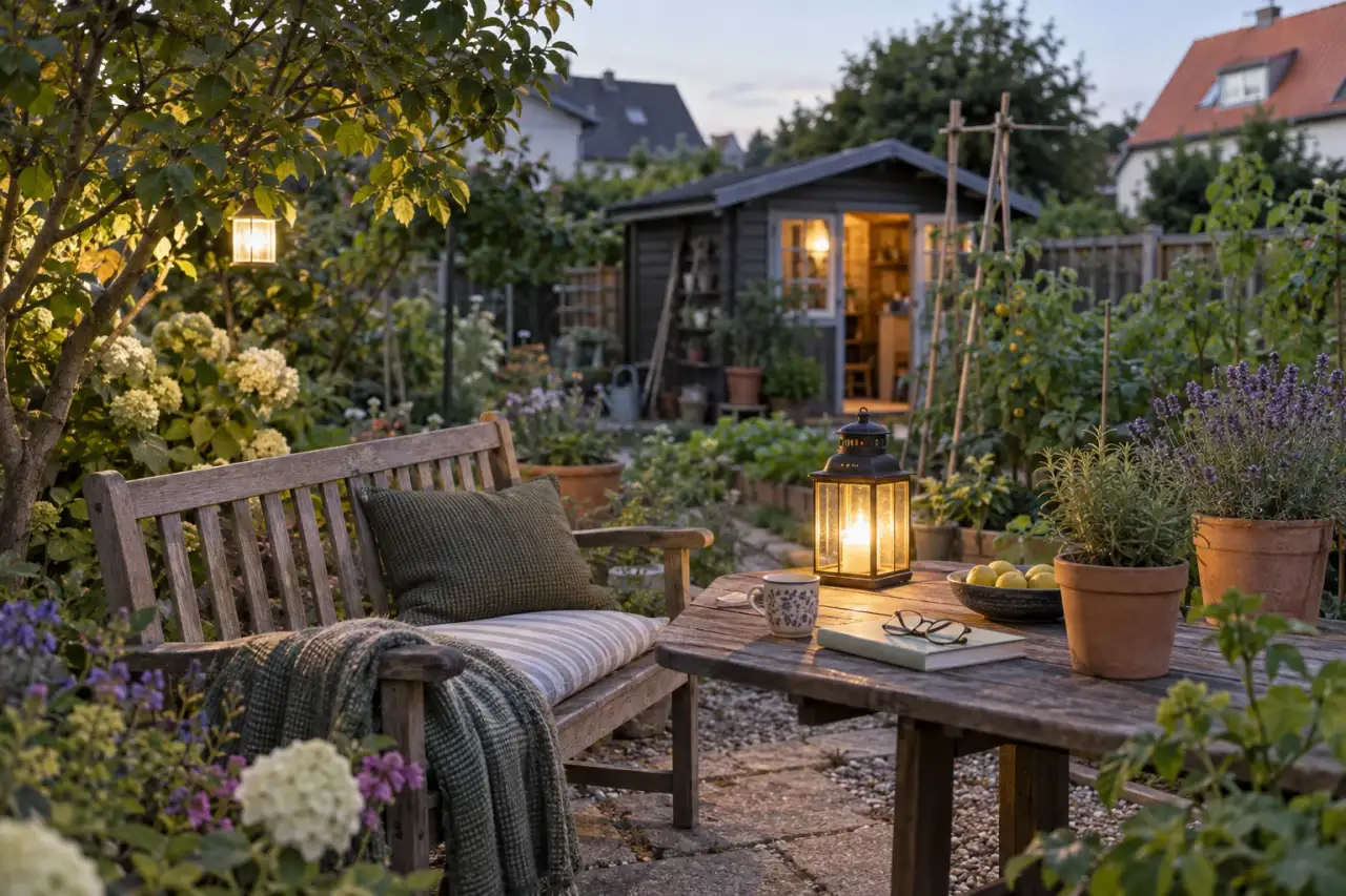 Ein kleiner Sitzplatz mit warmer Laterne zwischen Kräutern.