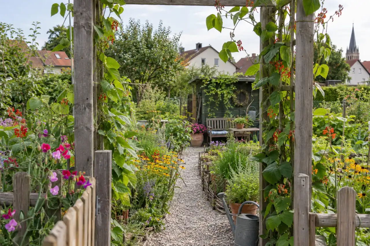 Rankrahmen am Eingang lenkt den Blick in den Garten.